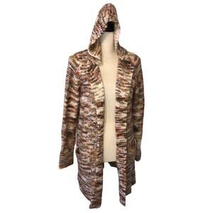 Hooded Sweater Size M Open Cardigan Multi Color Earth Tones Pockets Long Cozy